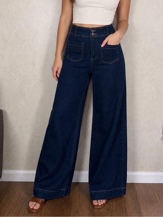 Oat New York Denim - OAT New York Women’s Wide Leg High Rise Dark Wash Patch Pocket Jeans 4/27
